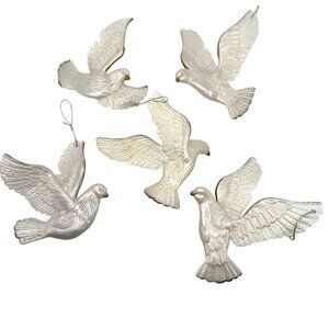 5 Pc Vintage White Opalescent Hard Plastic Turtle Dove Christmas Ornaments Vtg